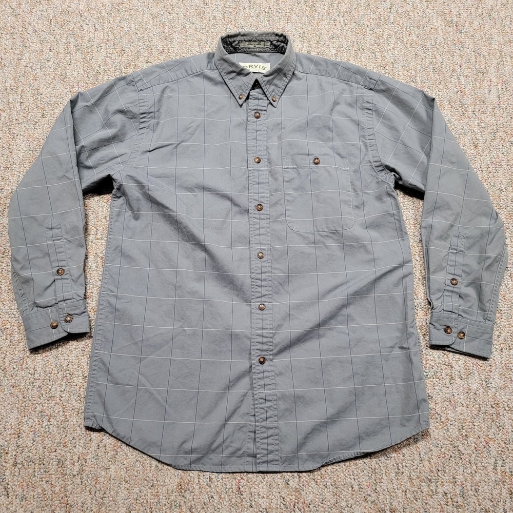 Orvis Shirt Mens Medium‎ Grey Windowpane Herringbone Button Down Cotton Casual